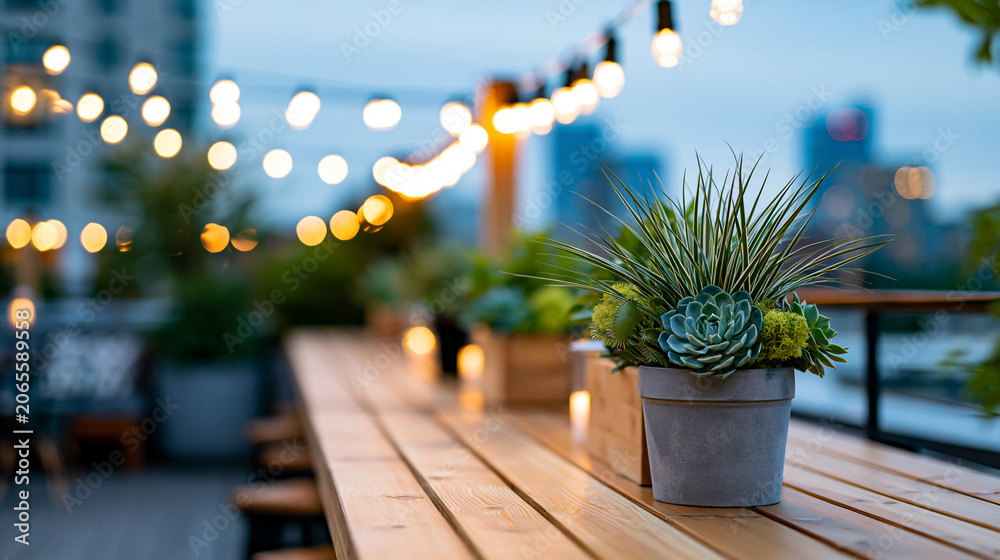 Hotel rooftop garden terrace with string lights and potted plants set for an evening event, scenic hospitality venue concept, defocused, with copy space