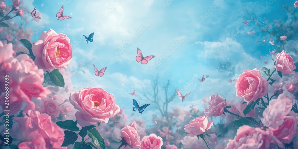 Naklejka premium Magical fantasy landscape featuring vibrant pink rose blossoms and flying butterflies with a shining moonbeam on a soft blue background