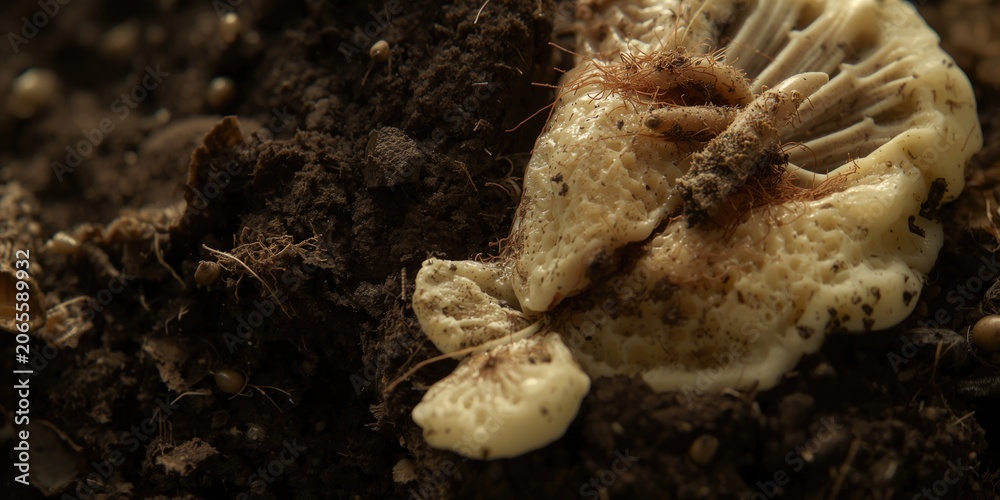 Obraz premium Mushroom emerging from dark soil in a forest setting