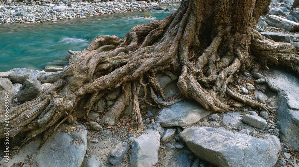 Fototapeta premium A close-up showcases a tree's intricate root system exposed, intertwining over rocks by a flowing turquoise river