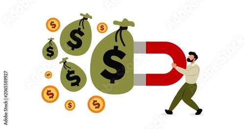 Animated vector illustration of a man holding a magnet to attract dollar bills. Depicts a successful businessman collecting money from his businesses and investments.