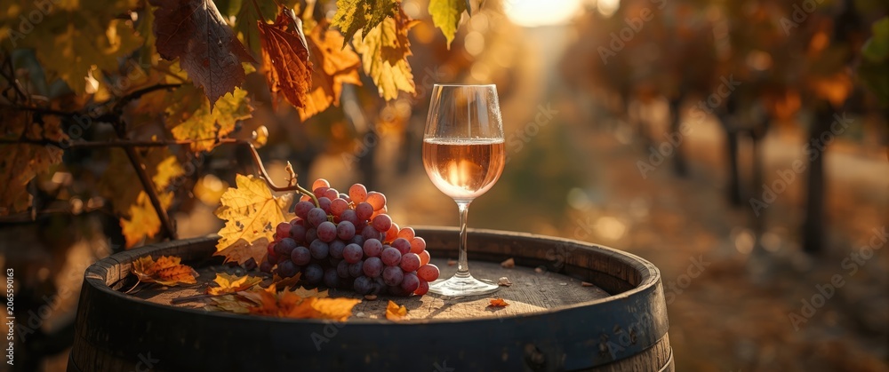 Fototapeta premium Glass of wine and grapes on a wooden barrel in a vineyard