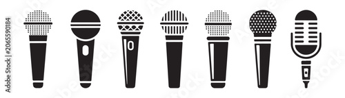 Schilderij op canvas Set of modern audio microphone black icons isolated on transparent background for sound studio work