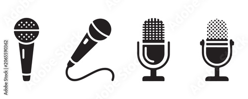 Cuadro en lienzo Selection of audio broadcast microphones represented as black silhouette icons on grid background