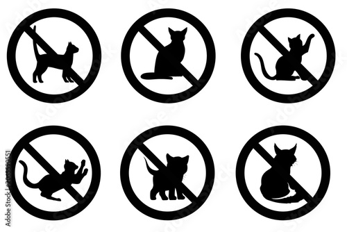No pets allowed icon set. No pets allowed warning sign, logo, label, badge, sticker, symbol, red circle, stamp, black, line, flat vector, isolated illustration. No cat and dog prohibited signs