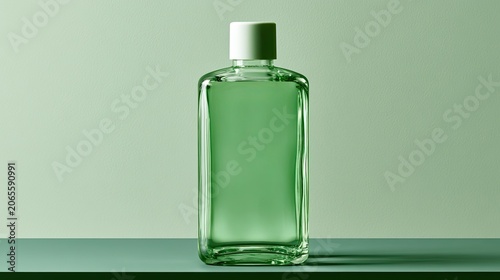 Clear glass bottle with white cap containing green liquid