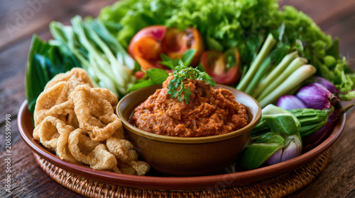 high fidelity food photography of thai northern pork tomato chili dip