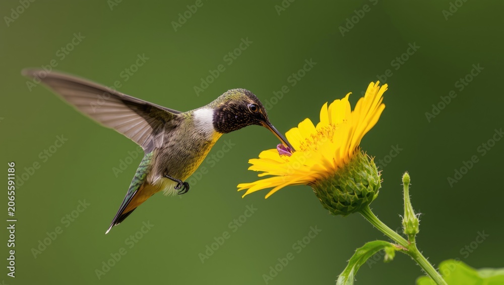 Fototapeta premium Hummingbird Anthracothorax nigricollis feeding close to bright yellow blossom