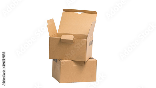 Open brown kraft paper box isolated on white background. Empty cardboard parcel package for shipping, logistics, and e-commerce delivery concept.