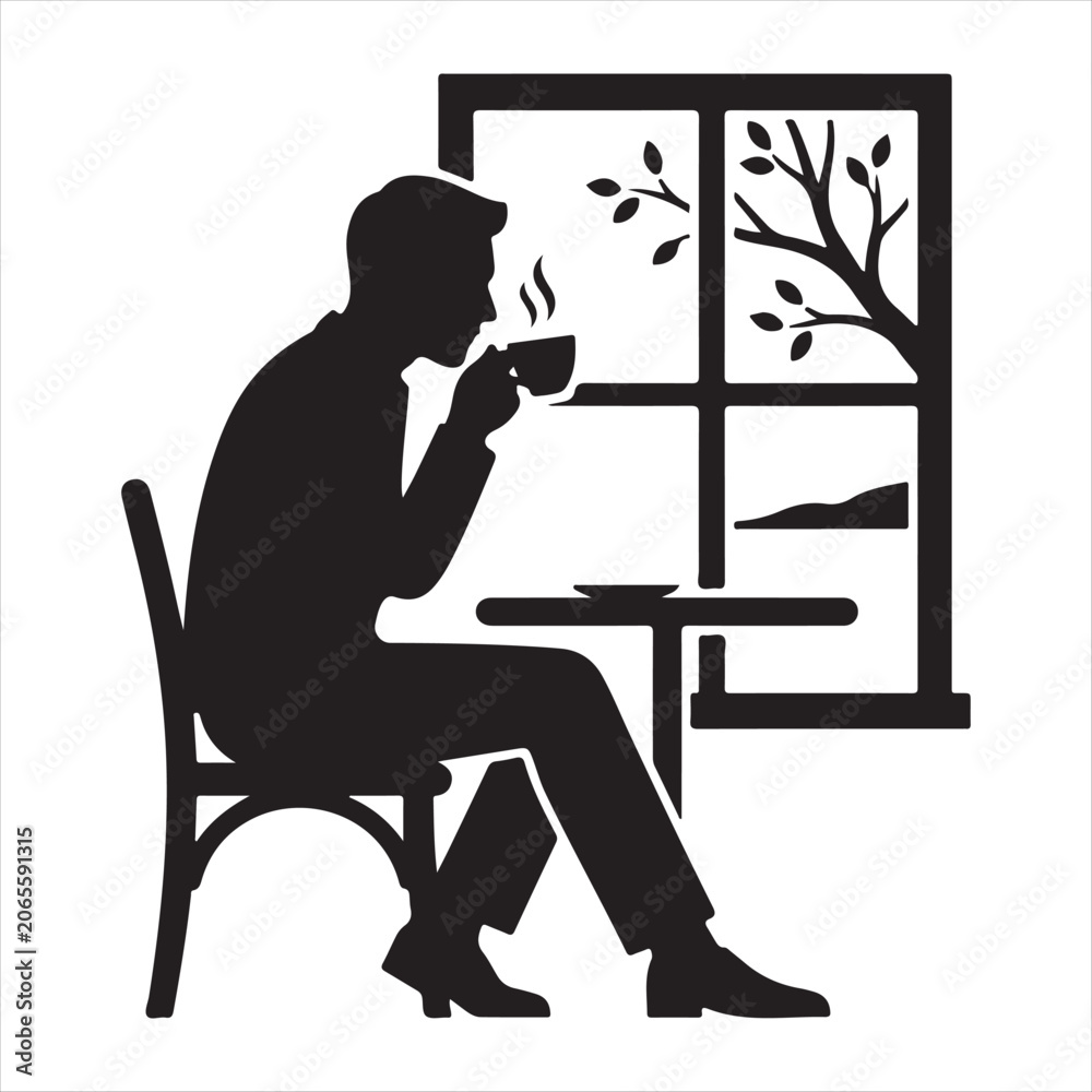 Fototapeta premium Man drinking tea by window vector silhouette clip art abstract logo concept illustration 
