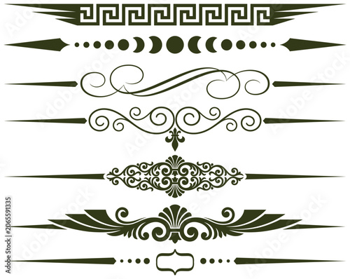 Fotografie Assorted horizontal page separators with geometric greek key and celestial moon patterns