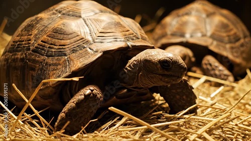Close-up of Tortoises on Straw, ideal for wildlife and educational content.