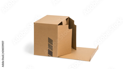 Open brown kraft paper box isolated on white background. Empty cardboard parcel package for shipping, logistics, and e-commerce delivery concept.