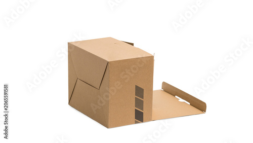 Open brown kraft paper box isolated on white background. Empty cardboard parcel package for shipping, logistics, and e-commerce delivery concept.