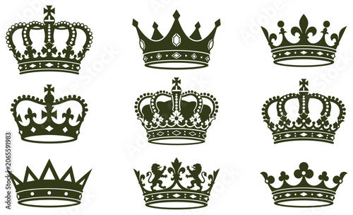 Foto Set of nine diverse royal crowns in flat vector style for heraldic design and decoration