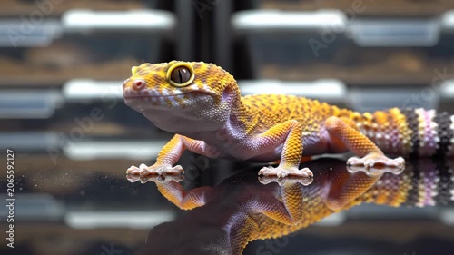Vibrant Leopard Gecko on Reflective Surface for Pet Care.