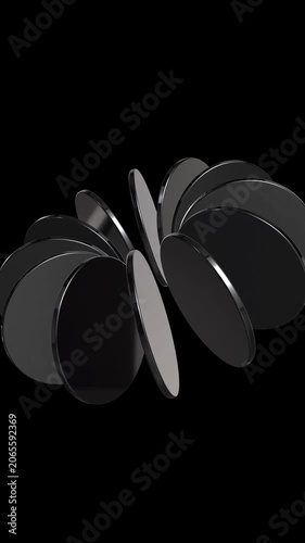 Abstract 3d composition of floating circular discs with metallic surfaces on a deep black