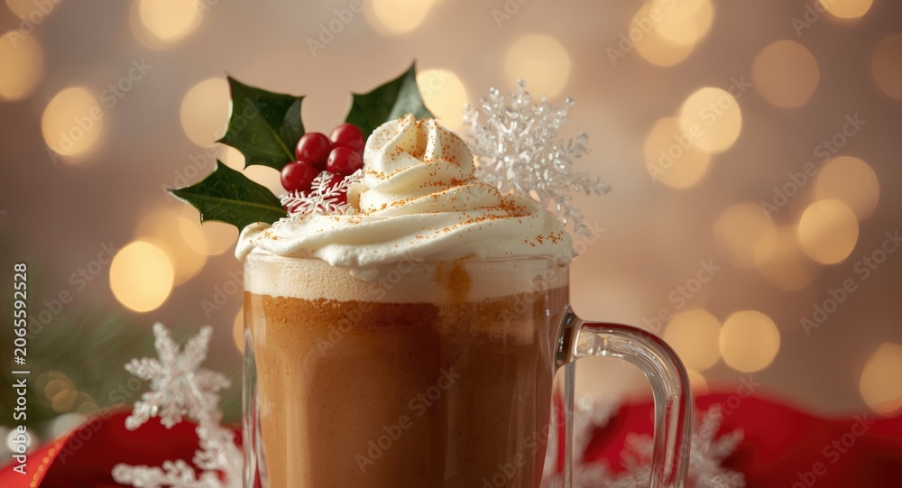 Fototapeta premium Warm glass cup of gingerbread latte topped with whipped cream and festive decorations against soft bokeh light background