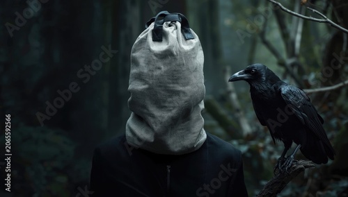 Horror thriller of a forest enchanter with a canvas bag head and a black raven perched in thick woodland