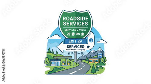 Roadside services highway sign with gas and lodging icons