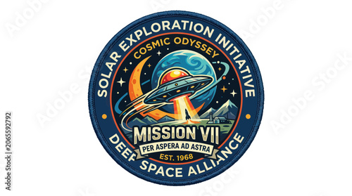 Konstfotografi Cosmic odyssey space exploration mission patch with ufo and planets