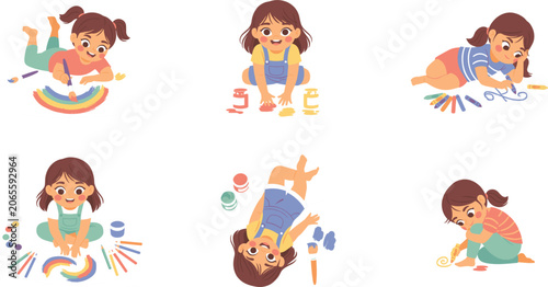 Cute Toddler Girls Drawing Activities Vector Illustration Set with Kids Painting Rainbows Crafting with Crayons Gouache and Painting Brushes