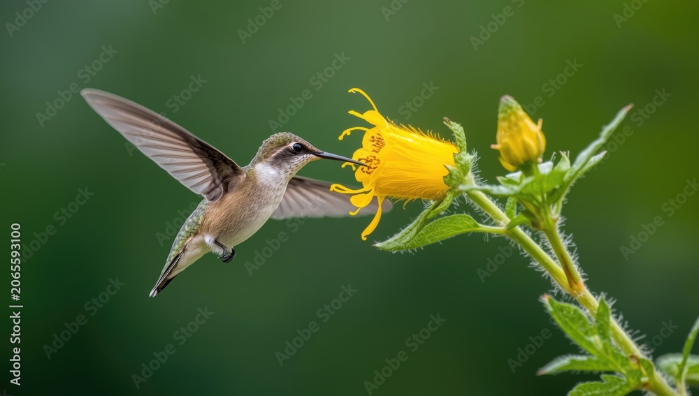 Fototapeta premium Hummingbird sipping nectar from a bright yellow flower