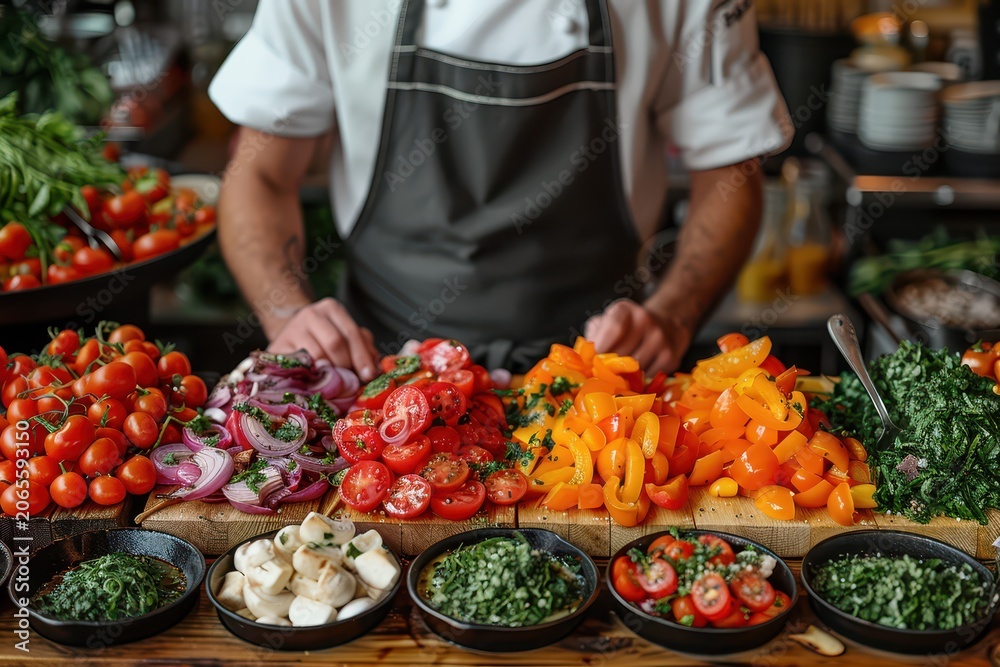 Obraz premium Chef arranging fresh ingredients for a colorful meal kit service