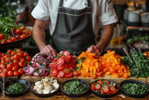 Chef arranging fresh ingredients for a colorful meal kit service