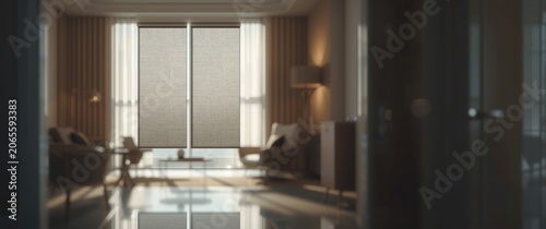 Motorized shades offering customizable light control in apartment windows