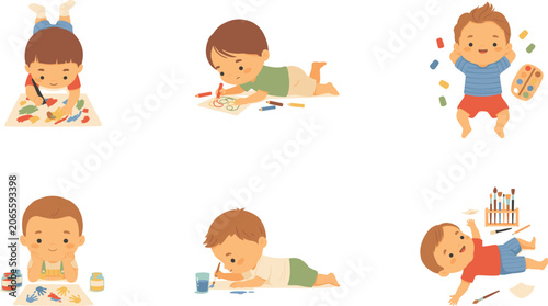 Cute Toddler Boys and Baby Drawing Activities Vector Illustration Set with Kids Painting Crafting with Crayons Gouache and Painting Brushes