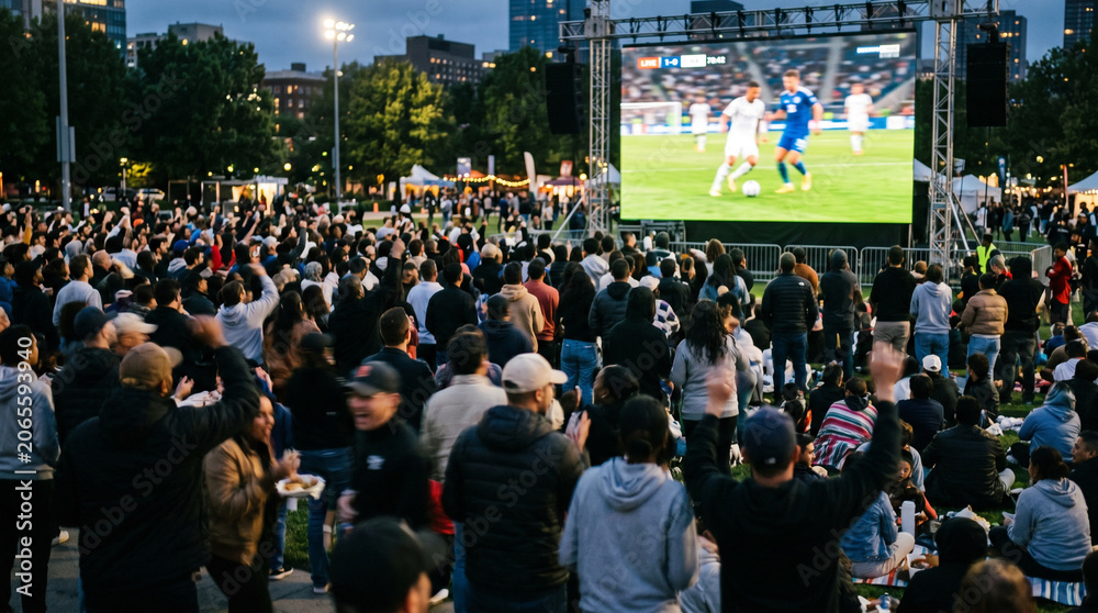 Obraz premium Large diverse crowd gathers in a city park at night to watch soccer on a giant outdoor screen, raising arms and cheering beneath event lighting, food tents, trees, and downtown buildings.