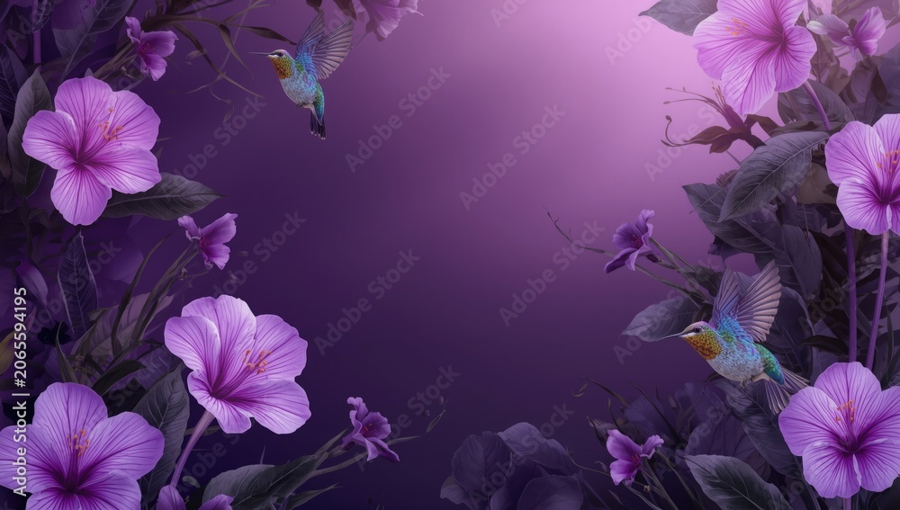 Fototapeta premium Hummingbirds near pink flowers with a purple background