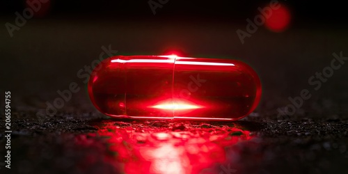 A single red capsule glows with internal light on textured ground
