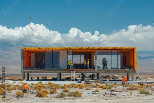 Construction team assembling a modular building in a remote desert landscape