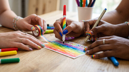 Creative hands decorating a blank white sticky label with vibrant rainbow pride month colors using colorful markers, celebrating diversity and inclusion, highly detailed 8k photography style.