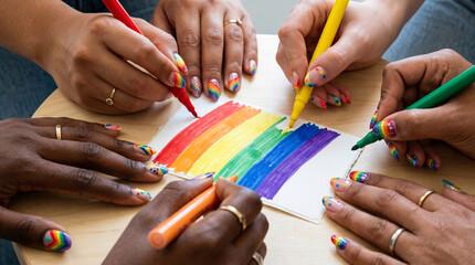 Hands meticulously applying rainbow pride month colors to a blank adhesive label, symbolizing support for the LGBTQ community and diversity, photorealistic high resolution 8k macro shot.