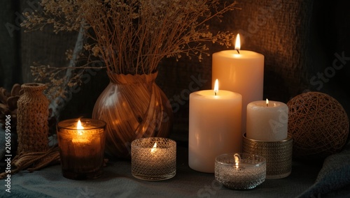 Candles and dried flowers a...