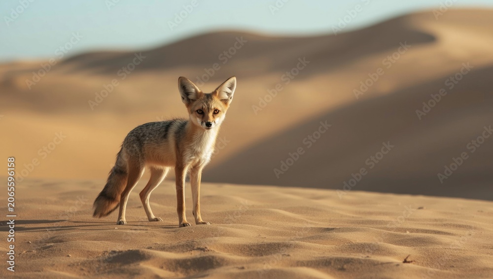 Fototapeta premium Keen eared desert fox standing alert on arid sand dunes
