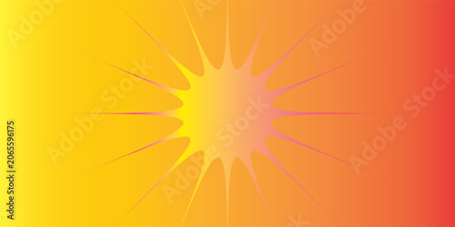 Slika na platnu A vibrant horizontal gradient background shifting from yellow to orange-red, featuring a central multi-pointed starburst or sunburst graphic with sharp, radiating rays