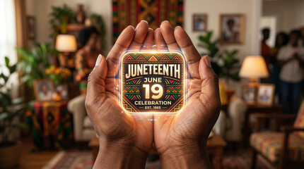 Human hands holding a glowing digital calendar icon marked with Juneteenth date over a dark background, celebrating African American freedom day, emancipation, and cultural heritage awareness.