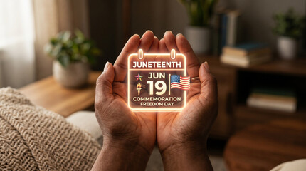 Detailed close-up of hands displaying a luminous digital Juneteenth calendar icon, symbolizing the commemoration of June 19th, emancipation, black history, and the pursuit of social justice.