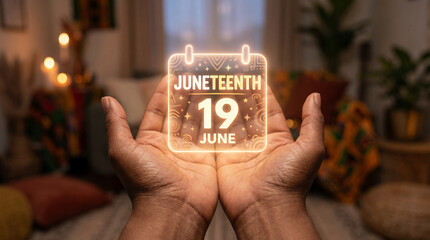 Close up of human hands gently cupping a glowing digital calendar icon marked for Juneteenth, symbolizing freedom and heritage with vibrant blue and red light in a dark, atmospheric setting 8k.