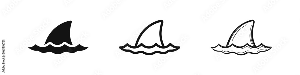 Obraz premium Three variations of a shark fin icon emerging from water: solid, outline, and hand-drawn sketch, for danger or marine themes.