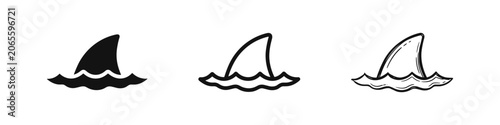 Bild auf Leinwand Three variations of a shark fin icon emerging from water: solid, outline, and hand-drawn sketch, for danger or marine themes