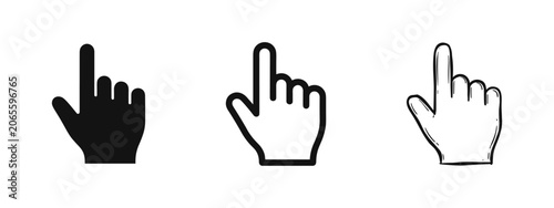 Fotografie A collection of three pointing hand cursor icons in solid, outline, and hand-drawn styles, perfect for click and selection concepts