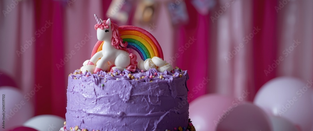 Fototapeta premium Unicorn cake with rainbow decoration for a birthday celebration