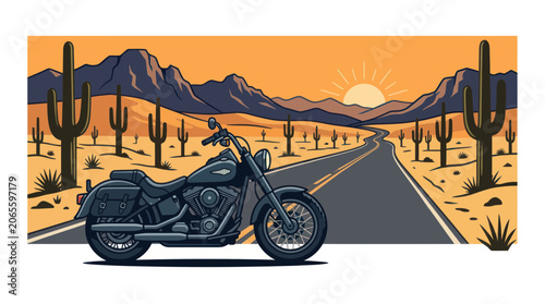 Tableau sur toile Classic cruiser motorcycle on a winding desert road at sunset