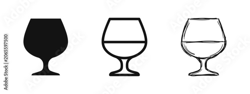 Photos Set of brandy snifter glass icons in different drawing styles