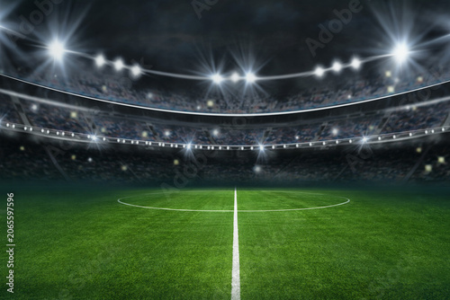 Obraz na plátne Illuminated soccer stadium pitch at night under bright floodlights with stadium